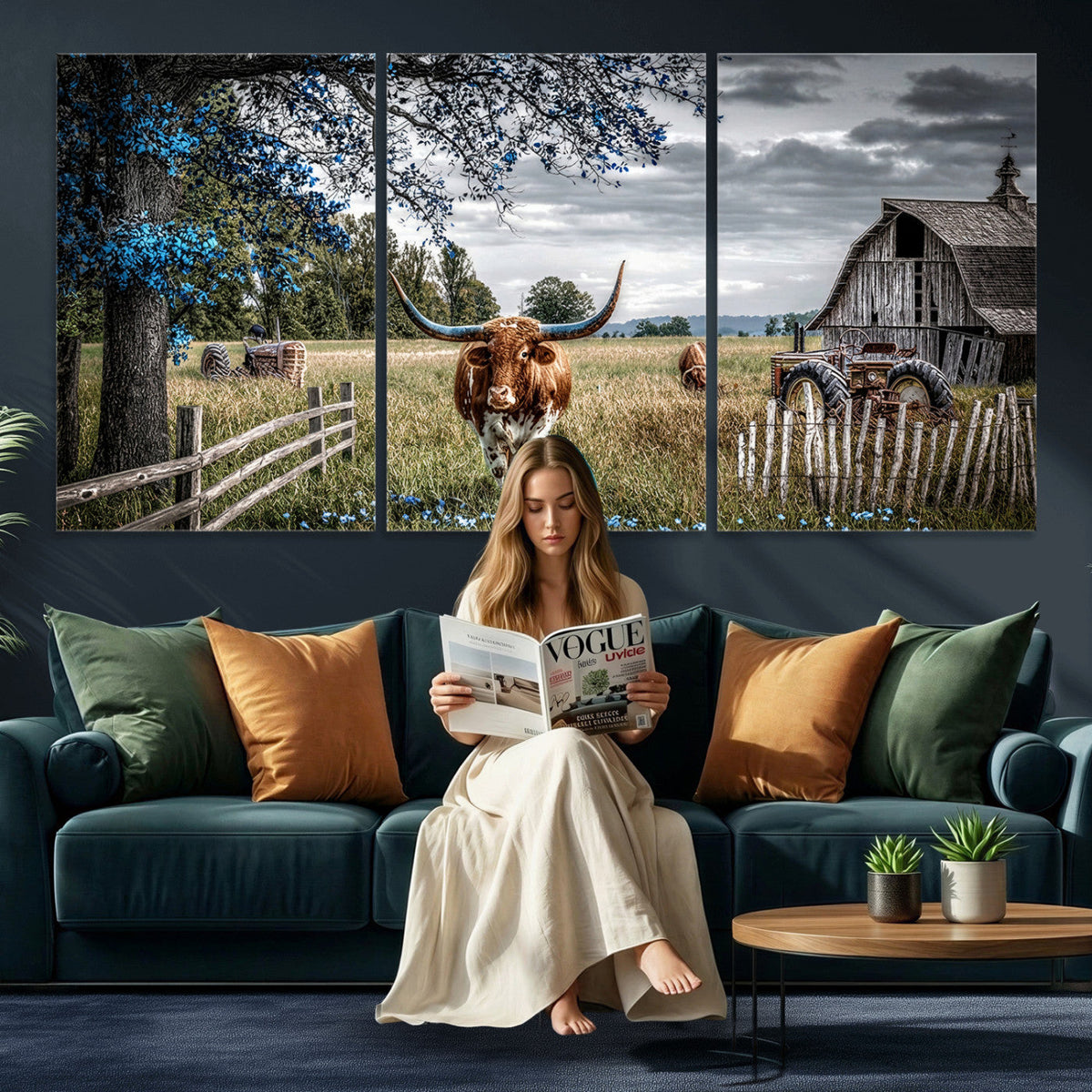 Texas Longhorn Canvas Wall Art, Rustic Farm Barn Bluebonnet