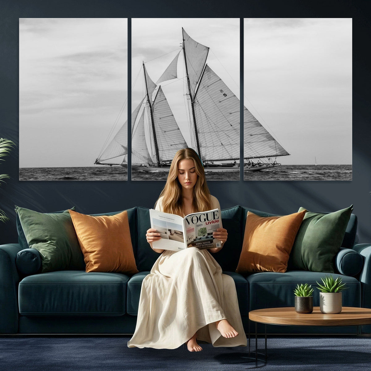 Vintage Sailboat Wall Art Canvas Print, Black and White