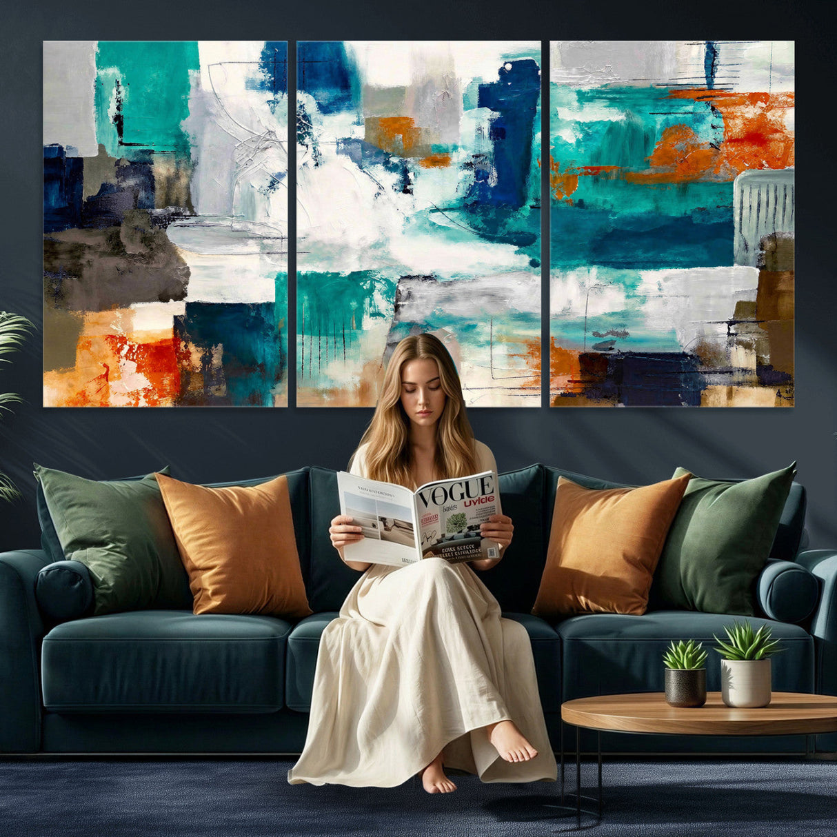 Blue Teal Abstract Canvas Wall Art, Modern Textured Painting Print, Navy Orange White Contemporary Art, Neutral Living Room Decor, Office Art