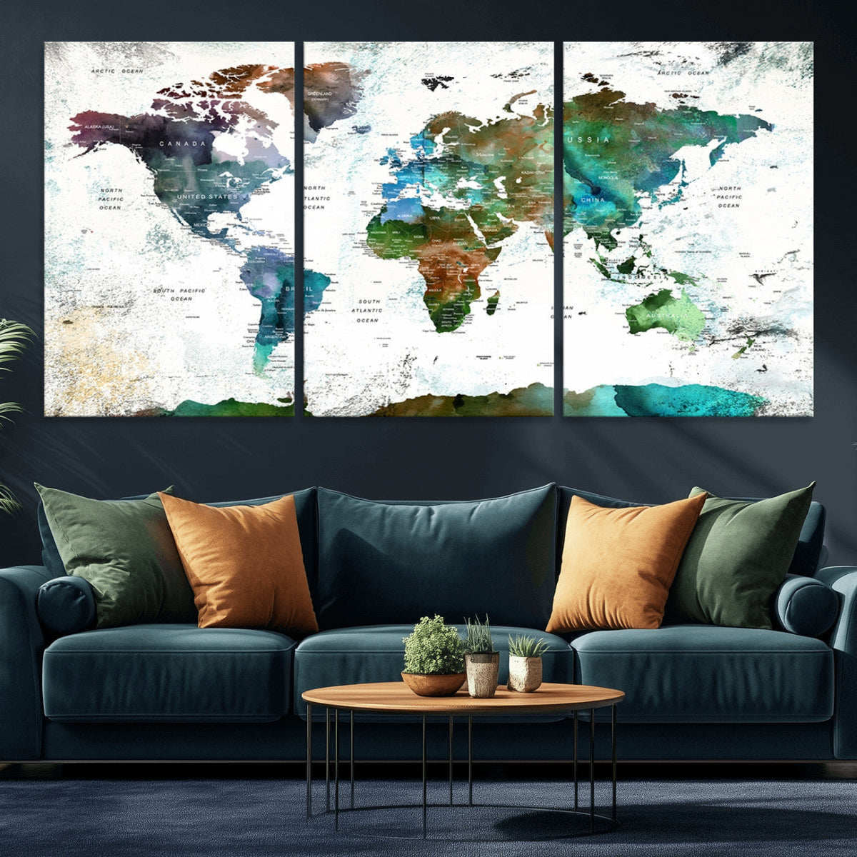 Modern Watercolor World Map Canvas Wall Art – Framed