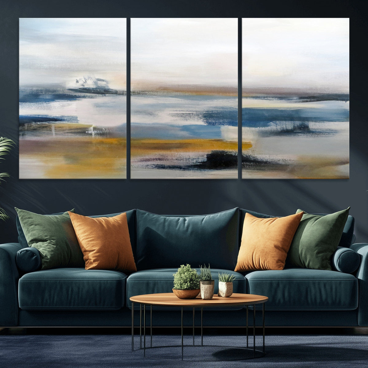 Abstract Landscape Wall Art Canvas | 3 Panel Modern Blue,