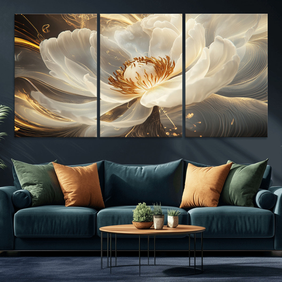 Gold Floral Wall Art Canvas Print, Framed Modern Flower Art
