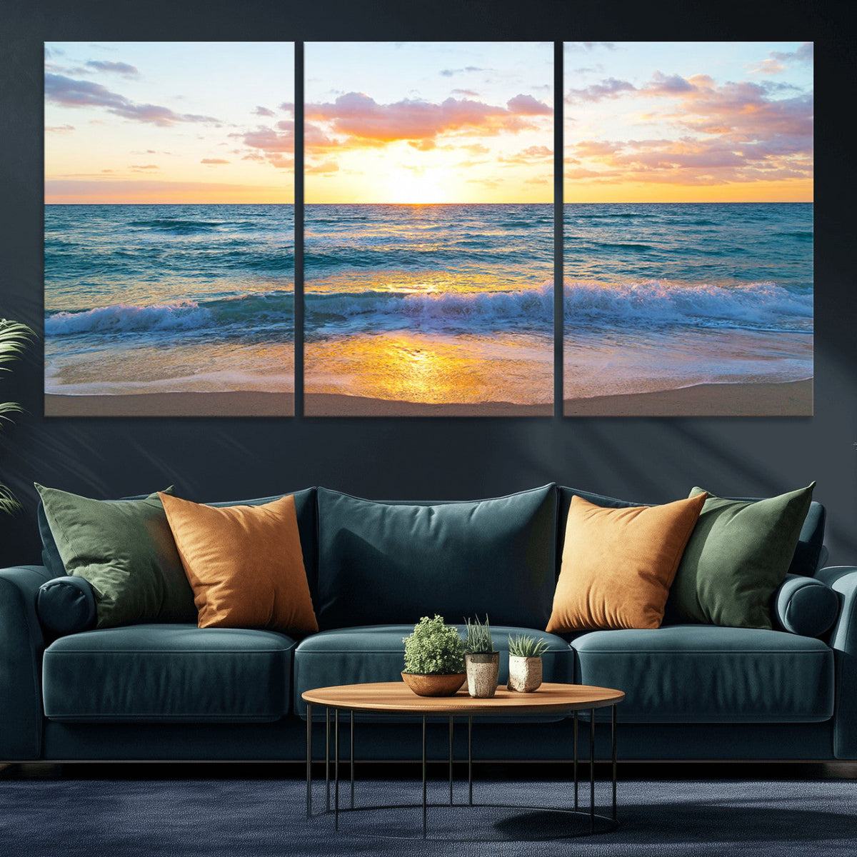 Golden Sunset Over Ocean Waves - Serene Coastal Triptych