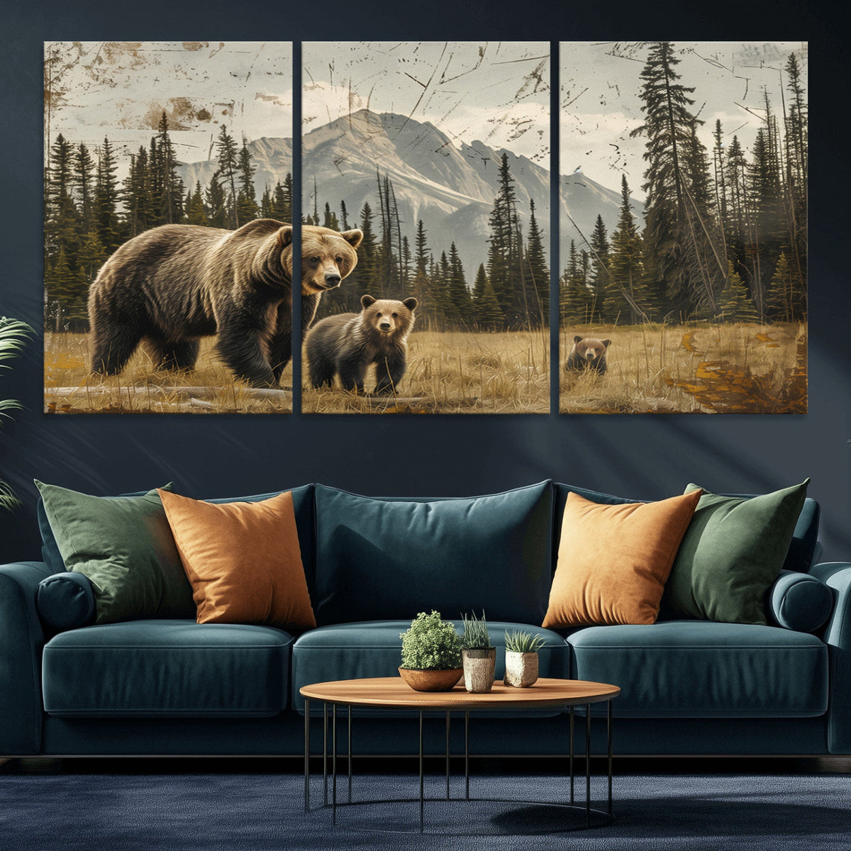 Rustic Grizzly 399 Bear Family Wall Art Canvas Print