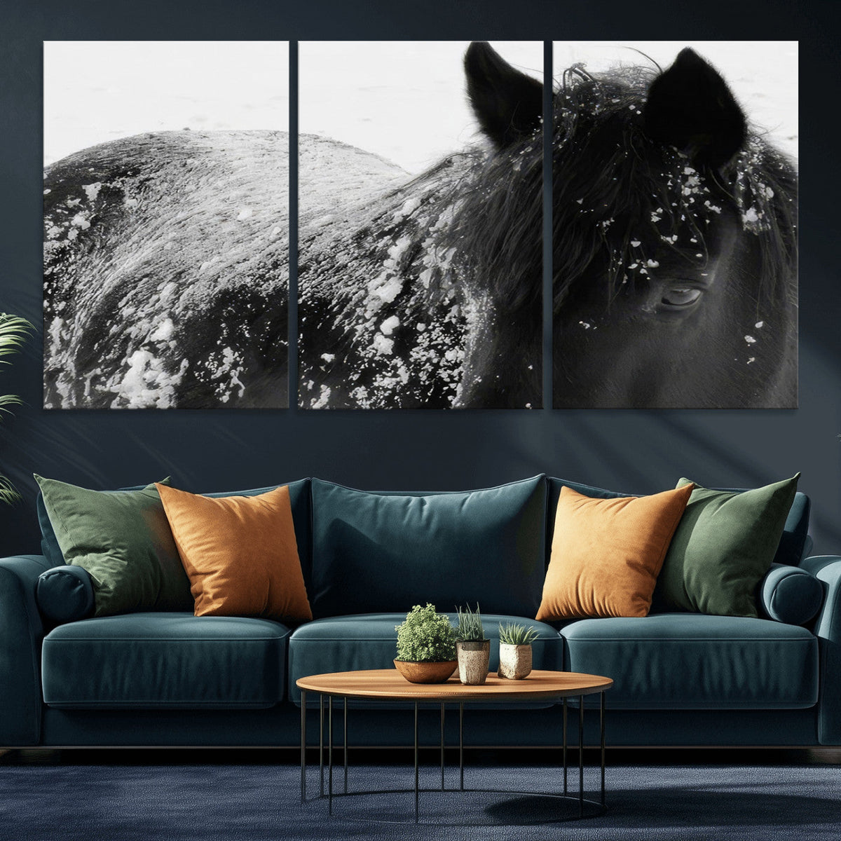 Black Horse in Snow Canvas Print | Winter Horse Wall Art |