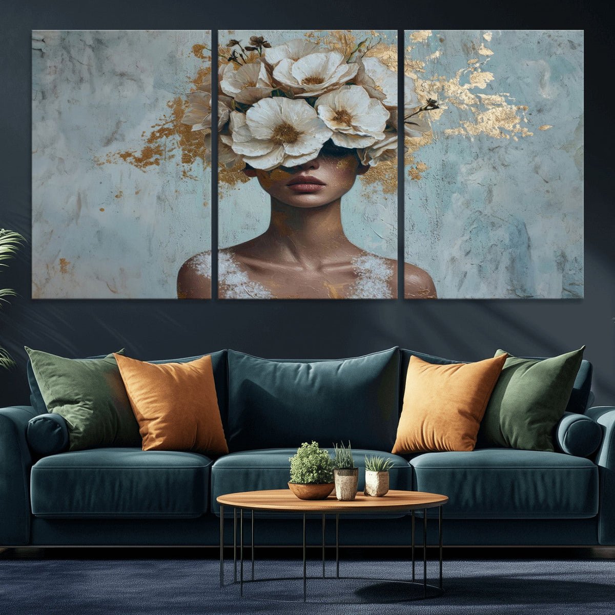 Golden Petal Wall Art - Petal Silhouette Woman Wall Art