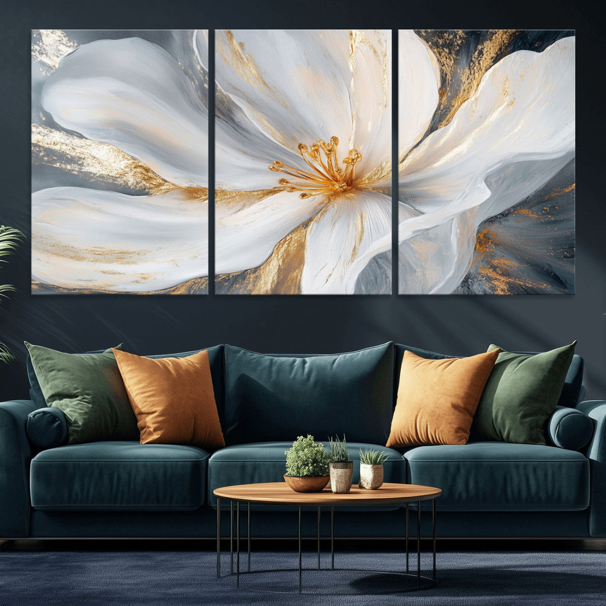 White and Gold Floral Canvas Wall Art - Framed and Ready to