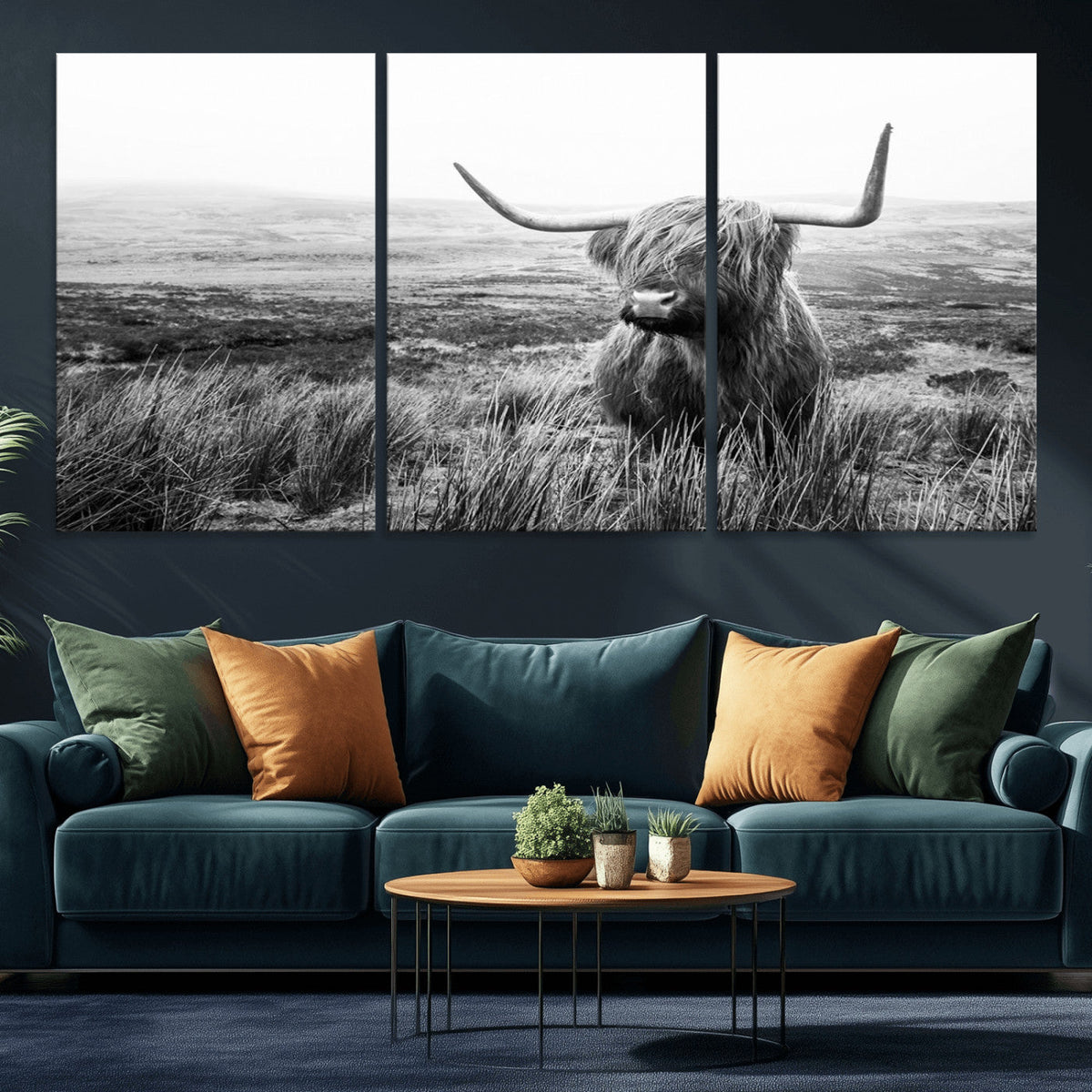 Scottish Highland Cow Wall Art | Black and White Canvas
