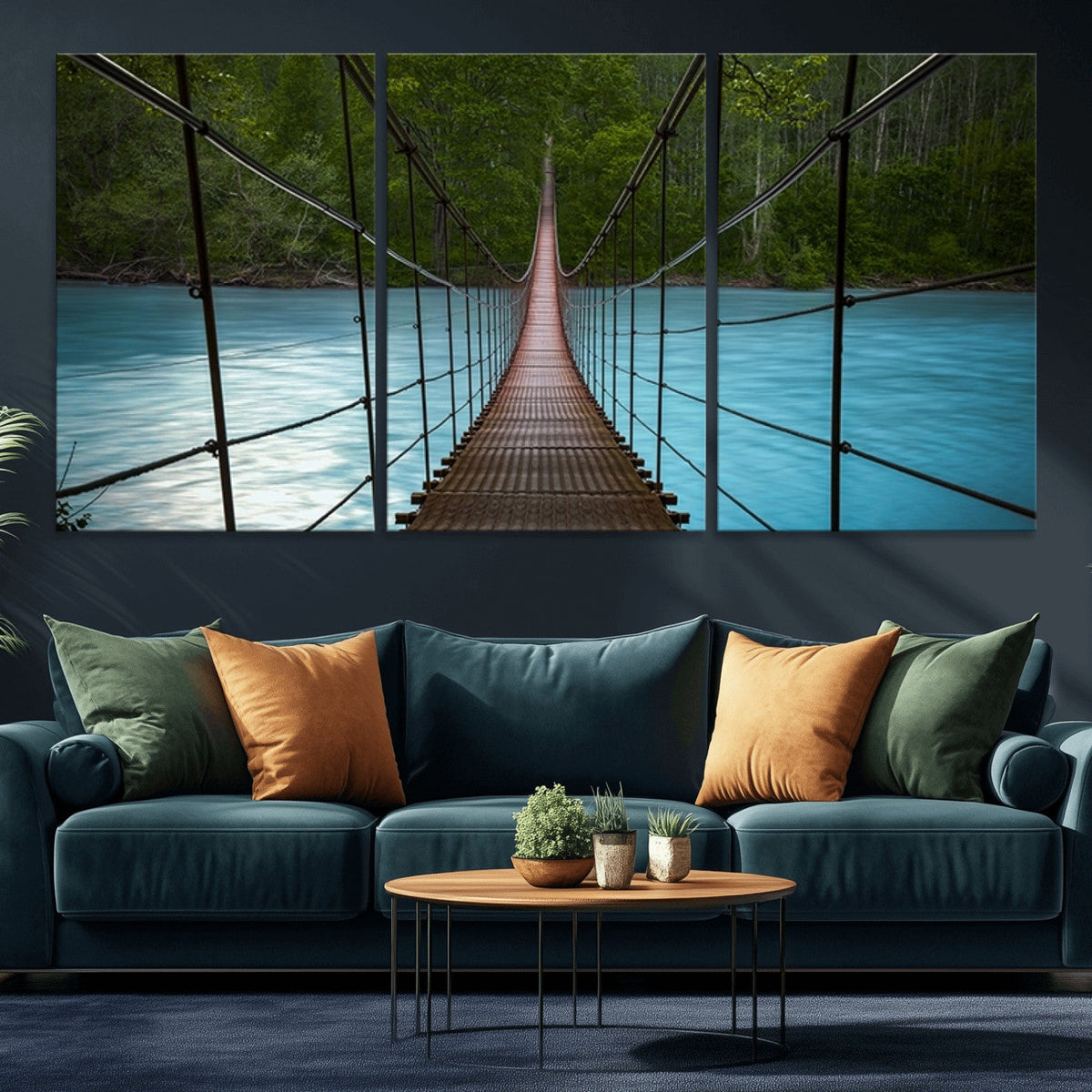 Suspension Bridge Over River Canvas Art | 3-Panel Nature