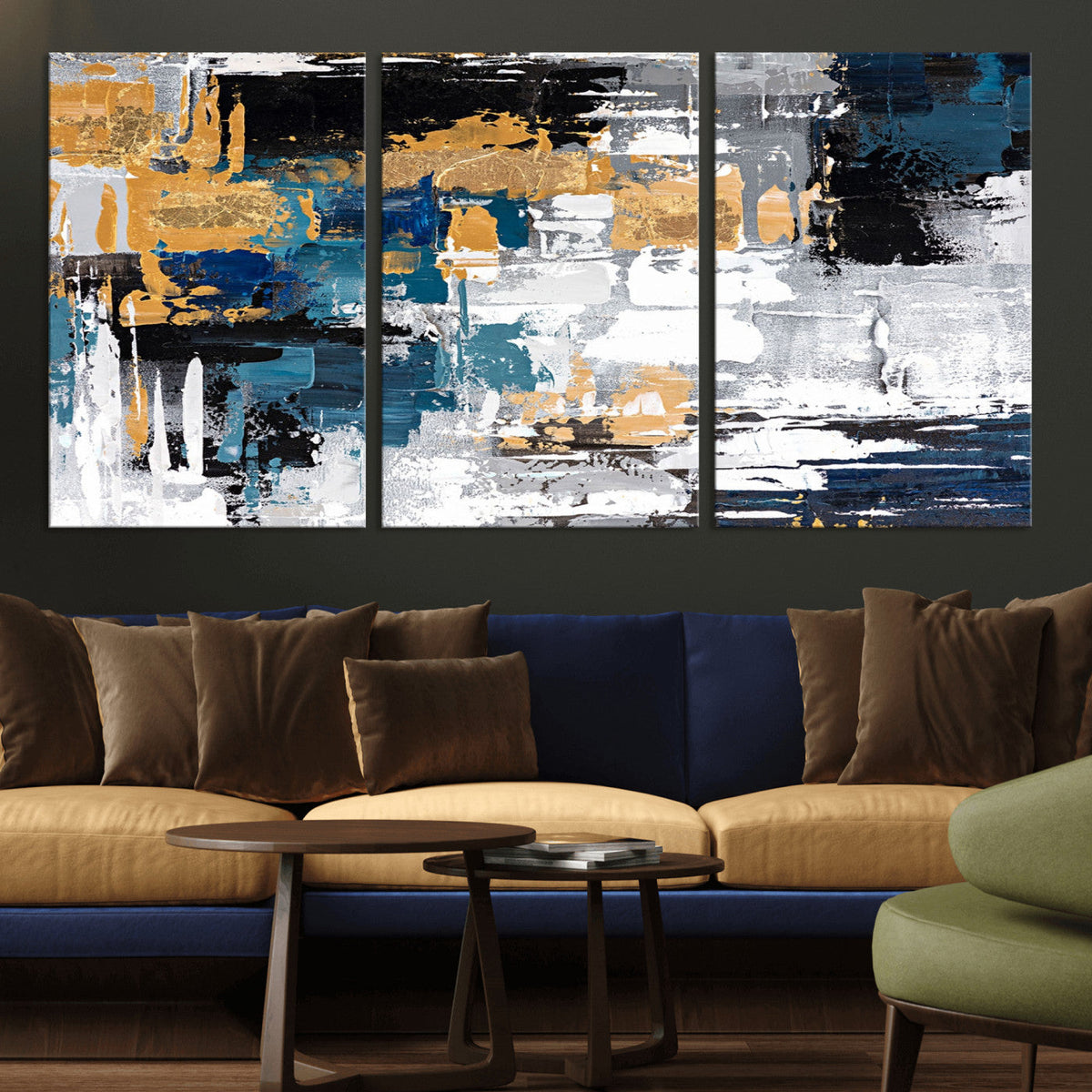 Blue and Gold Abstract Canvas Wall Art – Triptych Modern