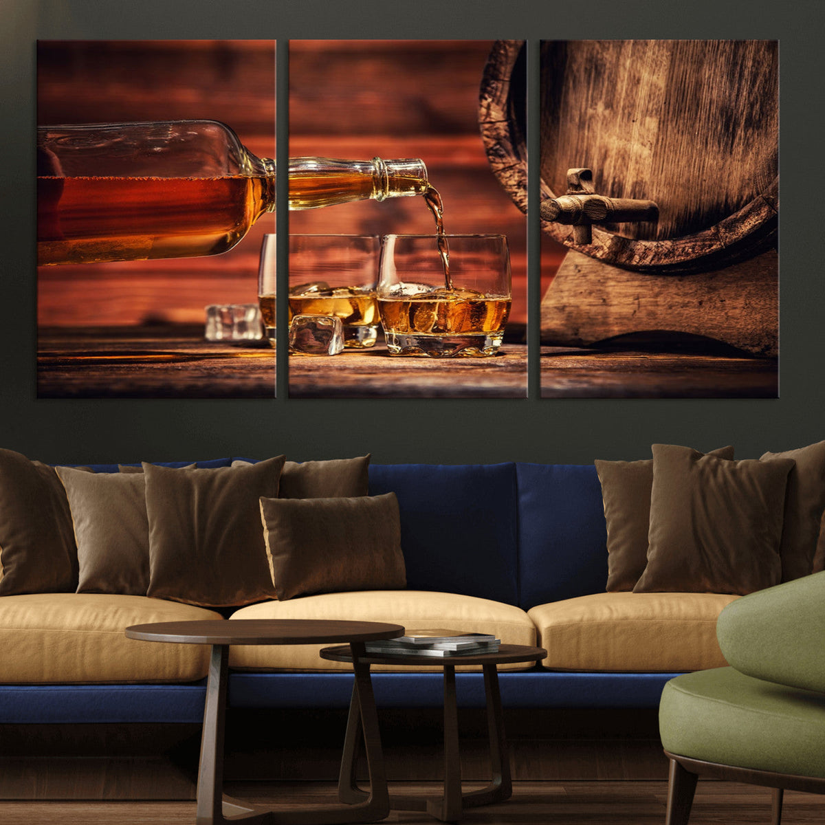Whiskey and Cigar Canvas Wall Art | 3 Panel Bar Room Decor