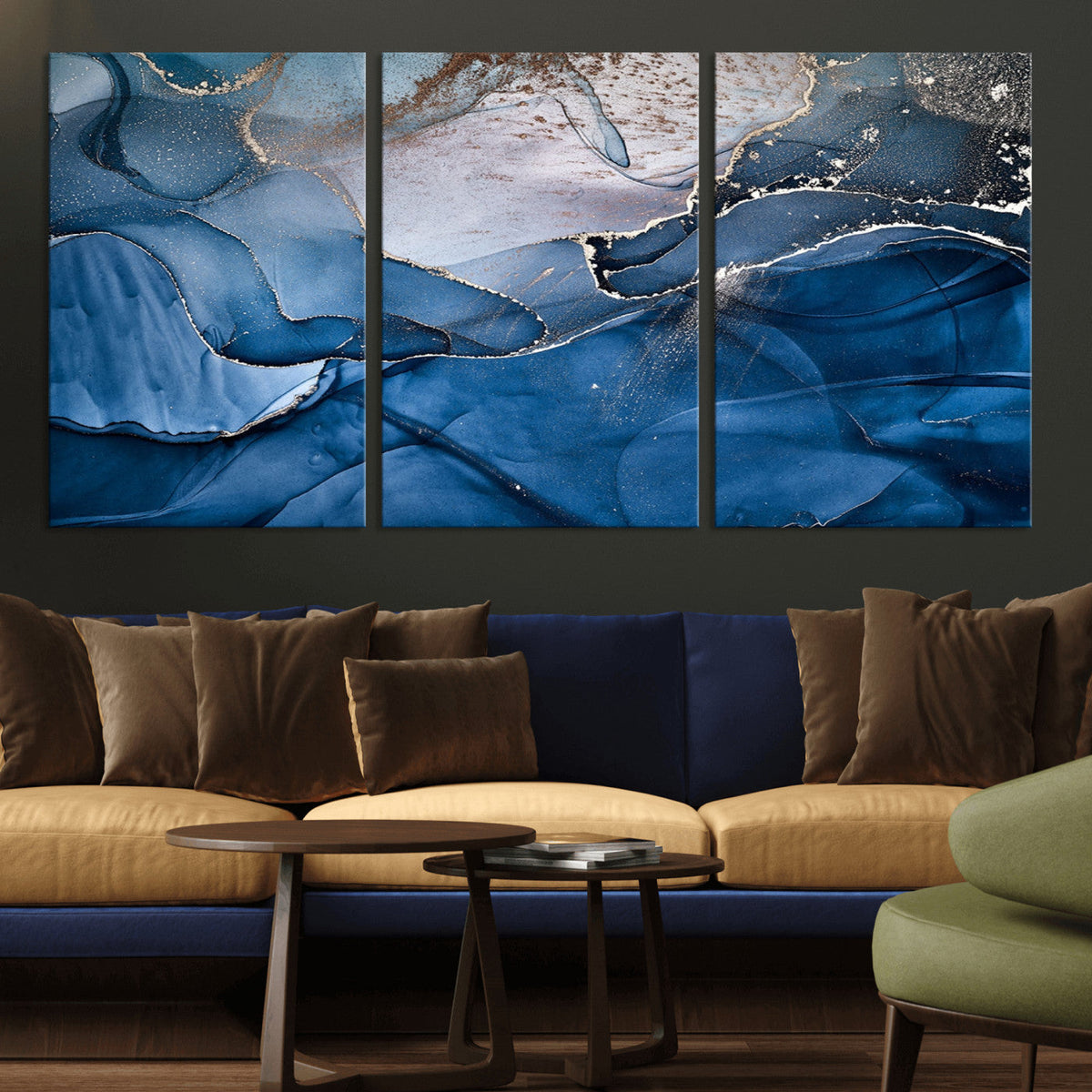 Navy Blue Canvas Art Abstract Print – Elegant Triptych