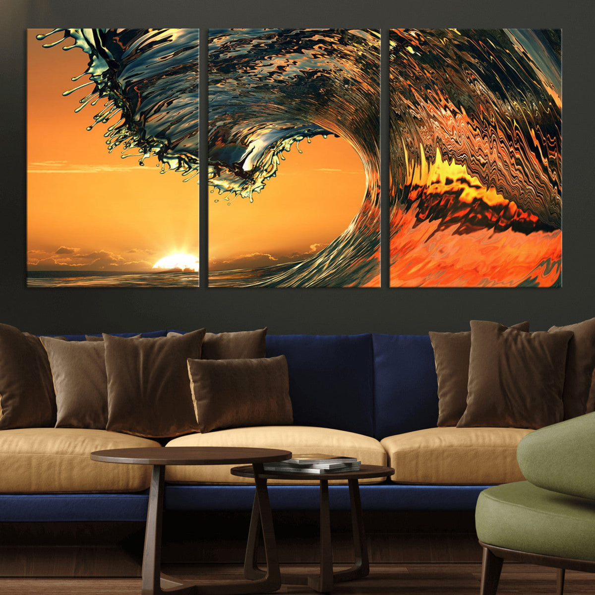 Surf Wave Sunset Canvas Wall Art Print, 3-Panel Ocean
