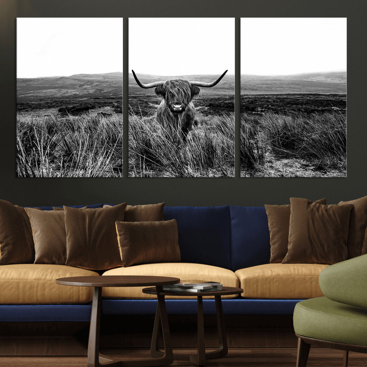 Black and White Highland Cow Canvas Wall Art, Longhorn