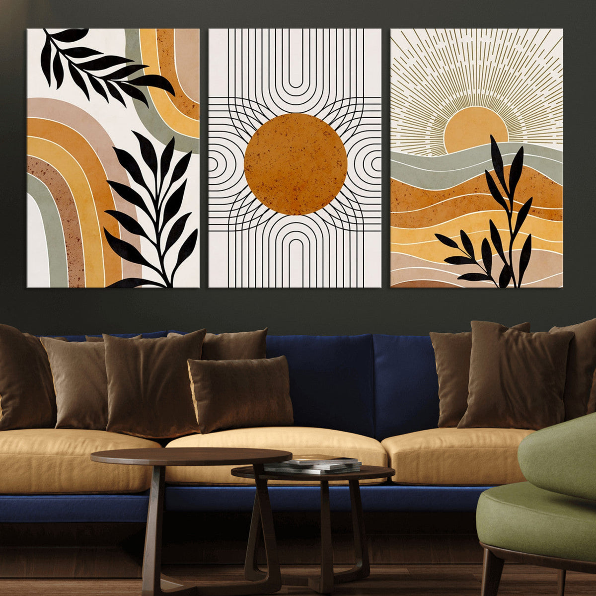 Modern Boho Sun and Leaf Abstract Art – 3-Panel Giclée
