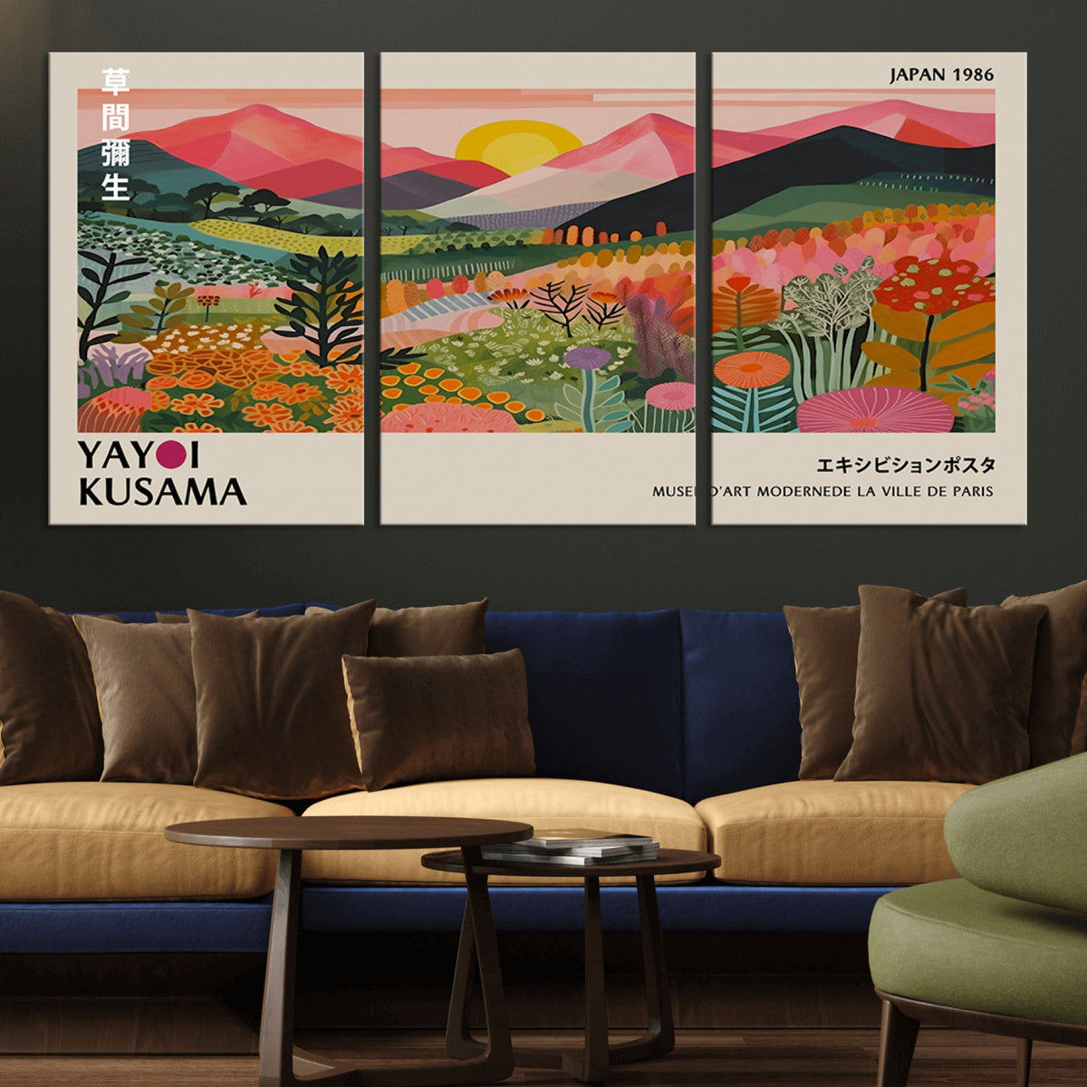 Yayoi Kusama Landscape Canvas Print, Vibrant Floral Mountain Art Print, Framed Botanical Wall Art -