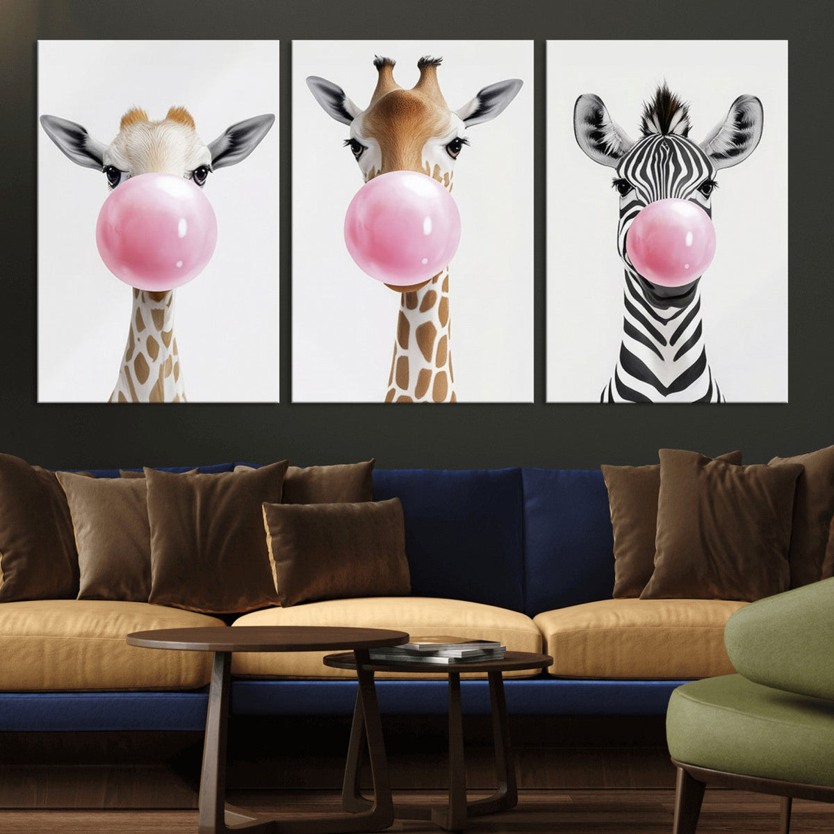 Bubblegum Animals Canvas Wall Art - Playful Giraffe and