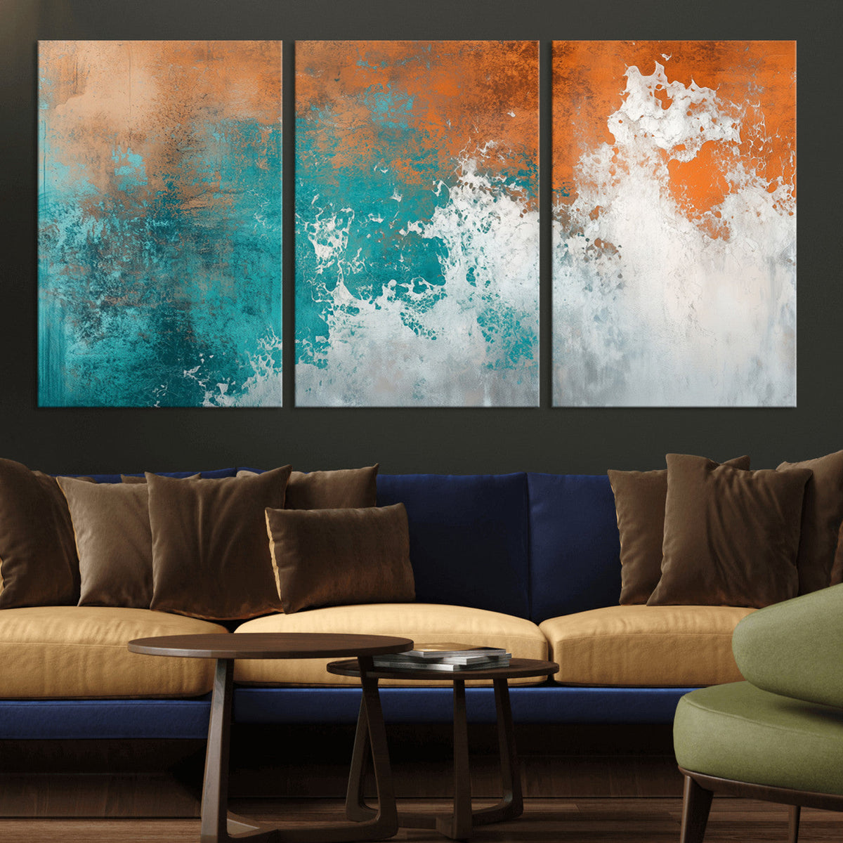 Vintage Abstract Print - Bold Teal and Orange Canvas Wall