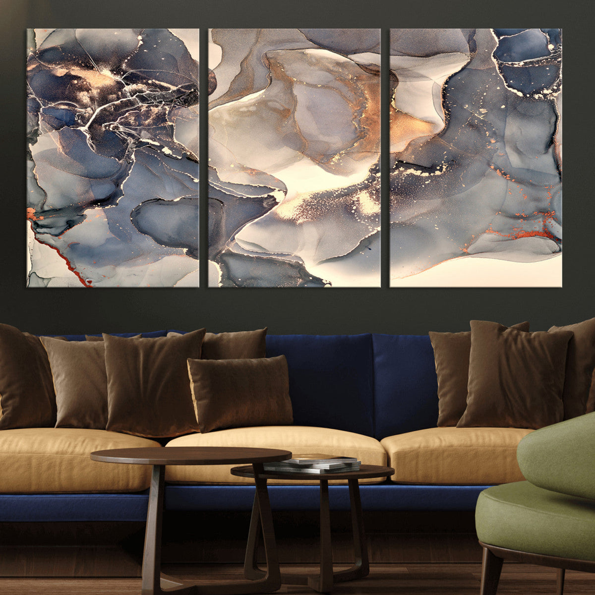 Abstract Blue and Gold Wall Art - Fluid Ink Artwork - Modern