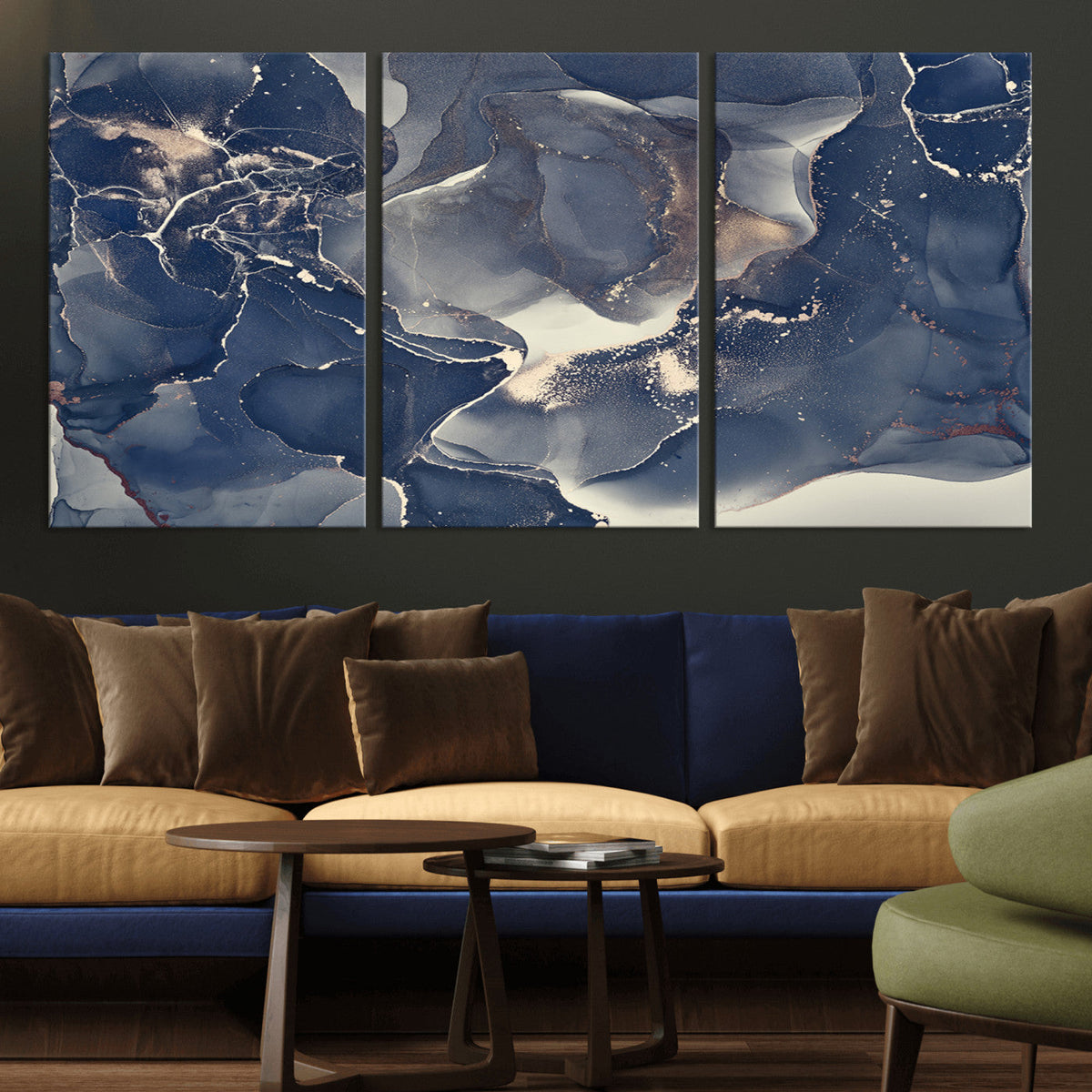 Large Abstract Blue and Gold Canvas Wall Art Fluid Ink