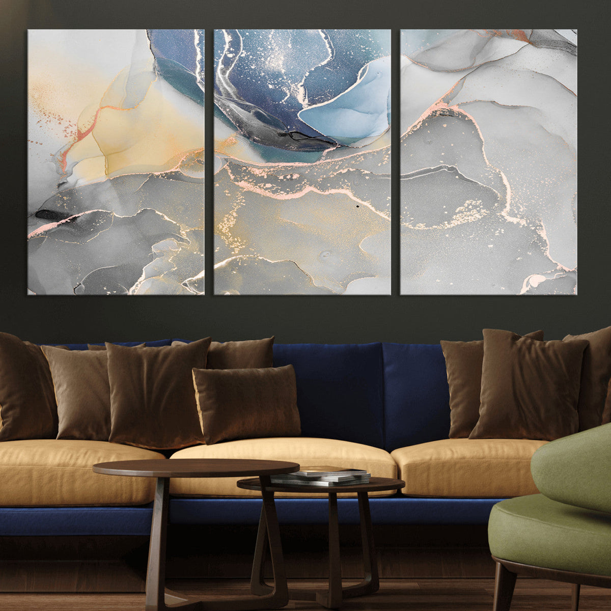 Large Abstract Blue and Gold Canvas Wall Art | Fluid Ink