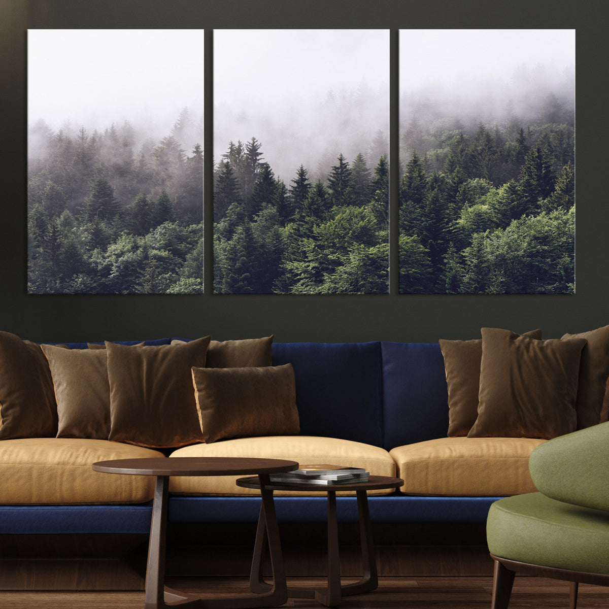 Misty Forest Wall Art Canvas Print, Serene Foggy Pines and