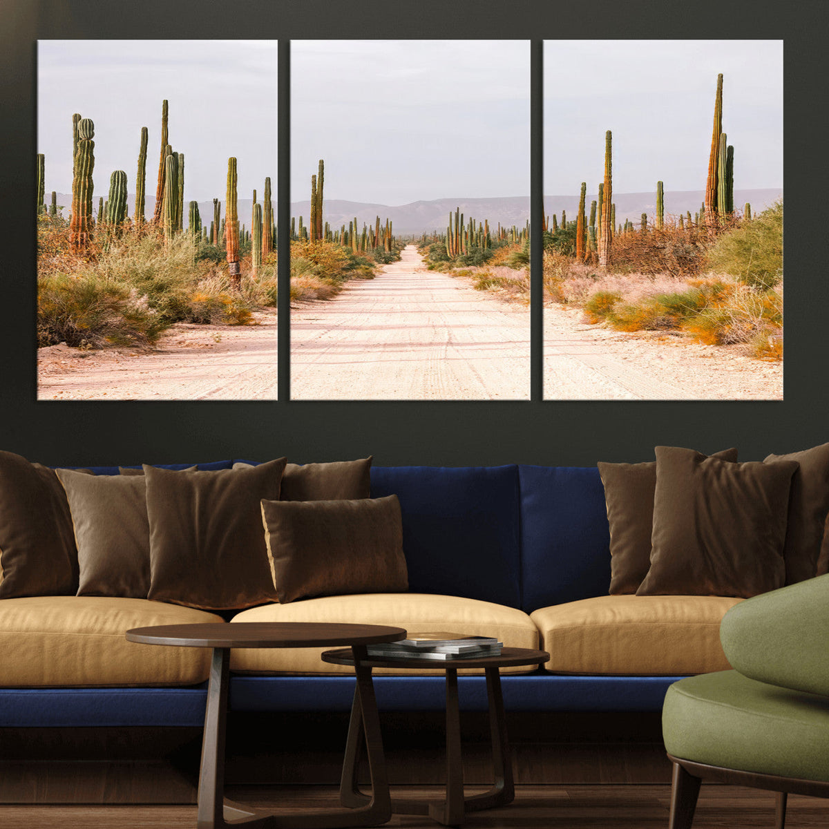 Desert Cactus Lined Road Wall Art Canvas Print – Framed