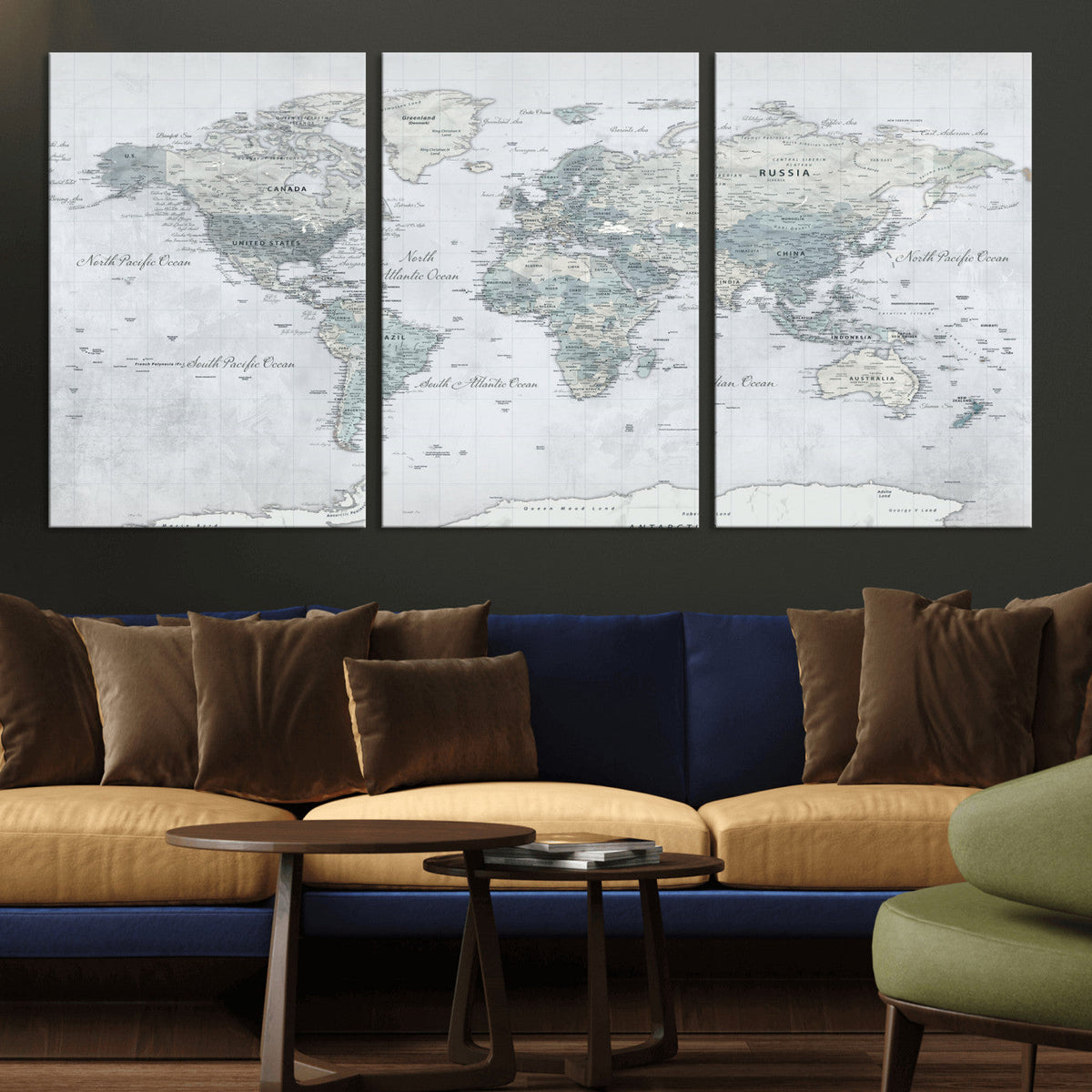 Push Pin World Map Canvas Print - Detailed Vintage World Map