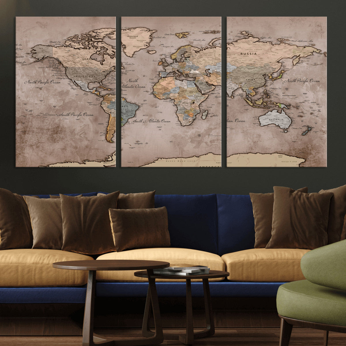 Grunge World Map Canvas Wall Art - Vintage Aged World Map