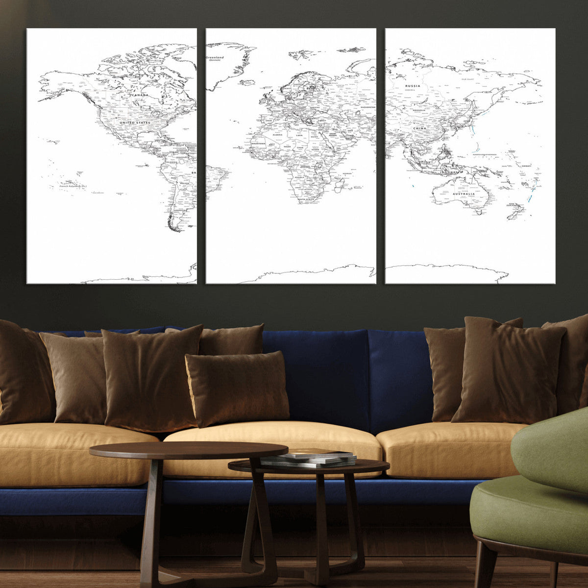 World Map Canvas Print – Framed Modern Detailed Map of the