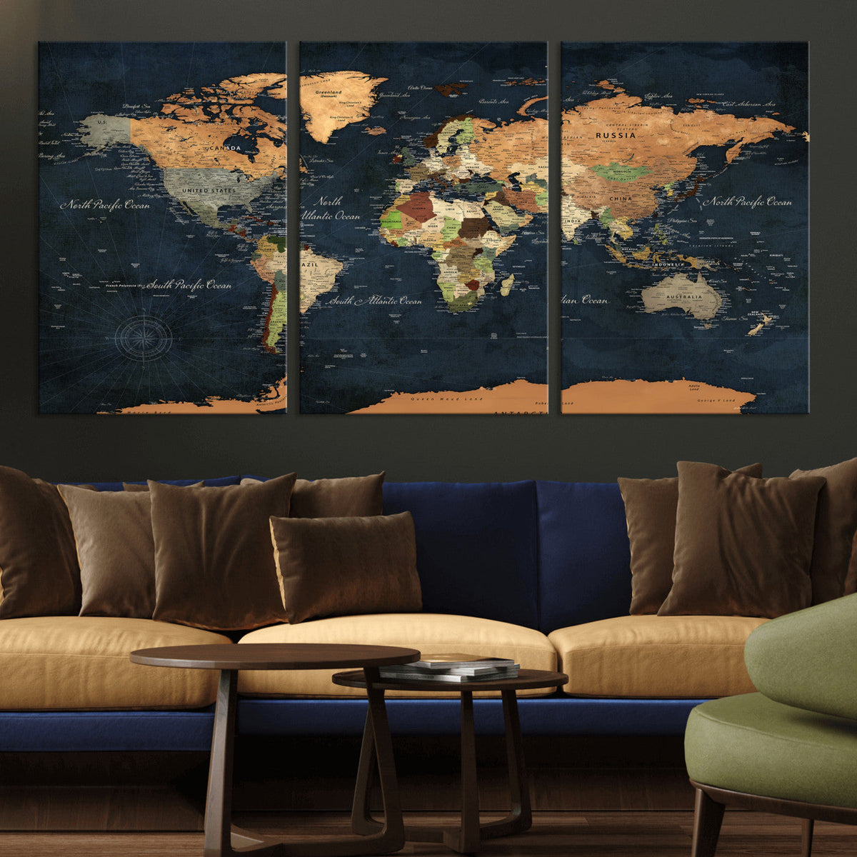 Vintage World Map Canvas Wall Art – Detailed Map with