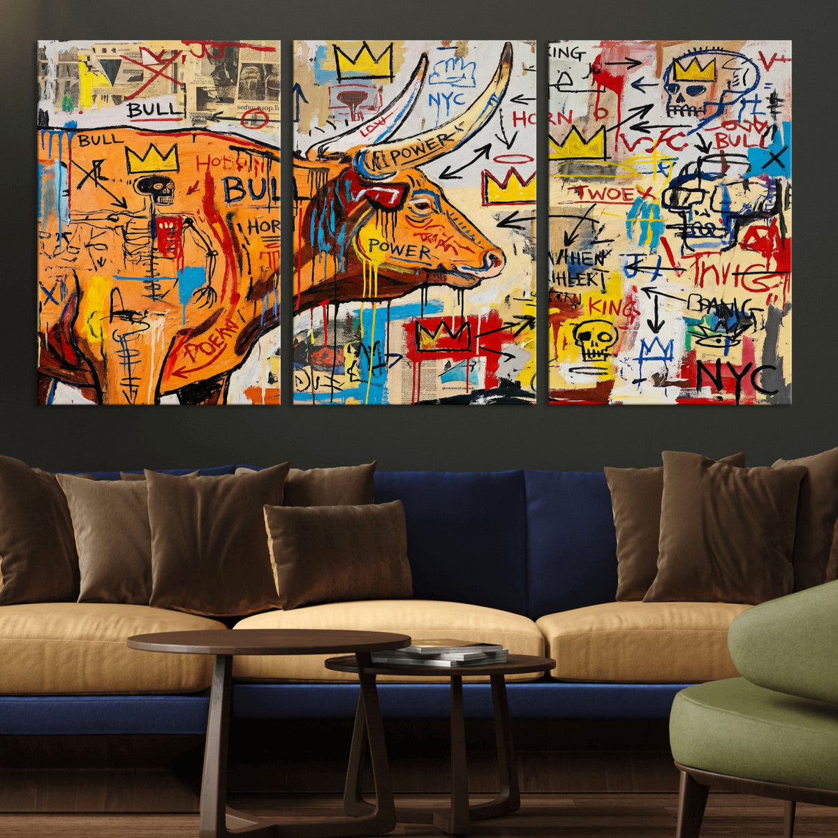 Basquiat Style Bull Graffiti Wall Art Canvas Print, Street