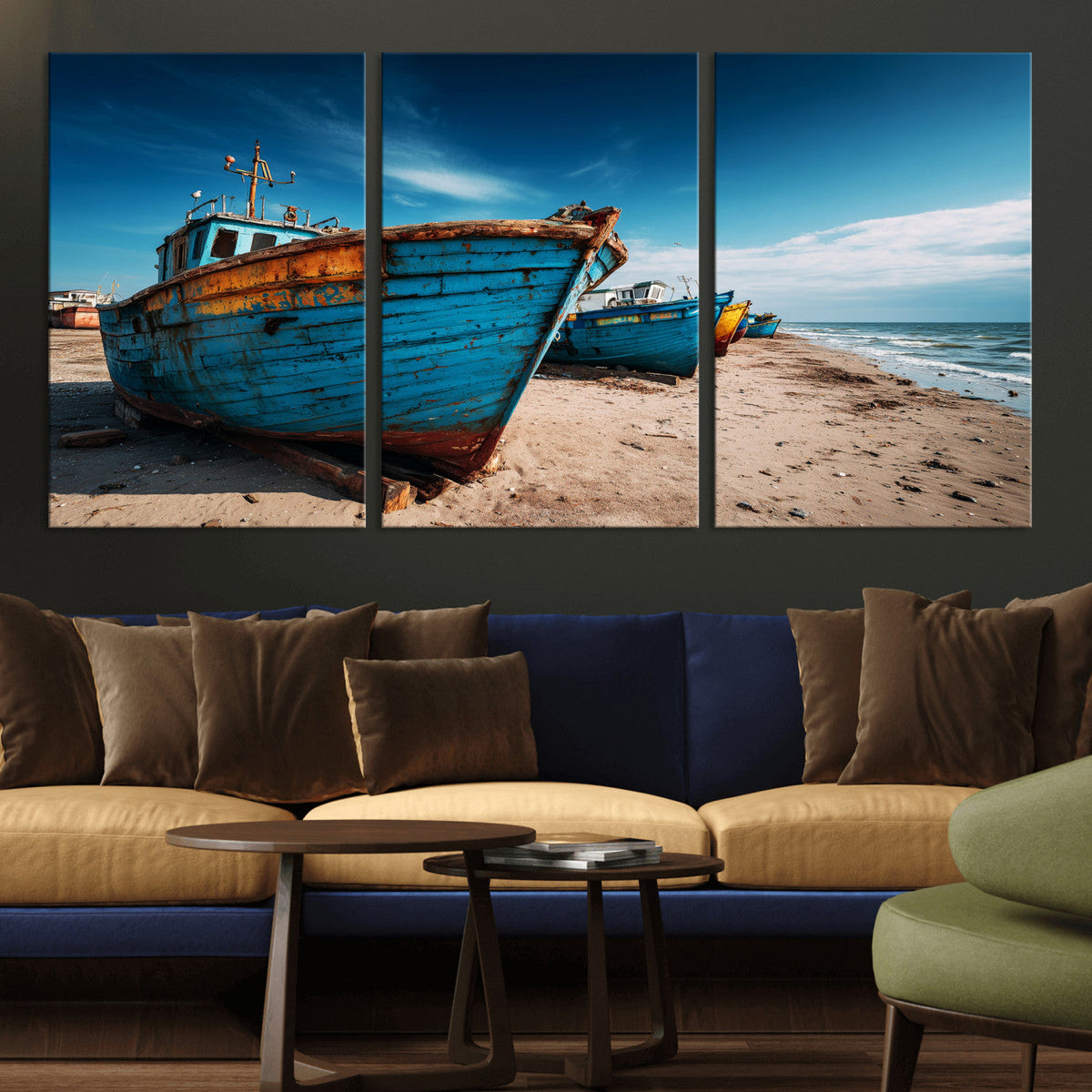 Coastal Fishing Boats Wall Art Canvas Print, Sunset Beach