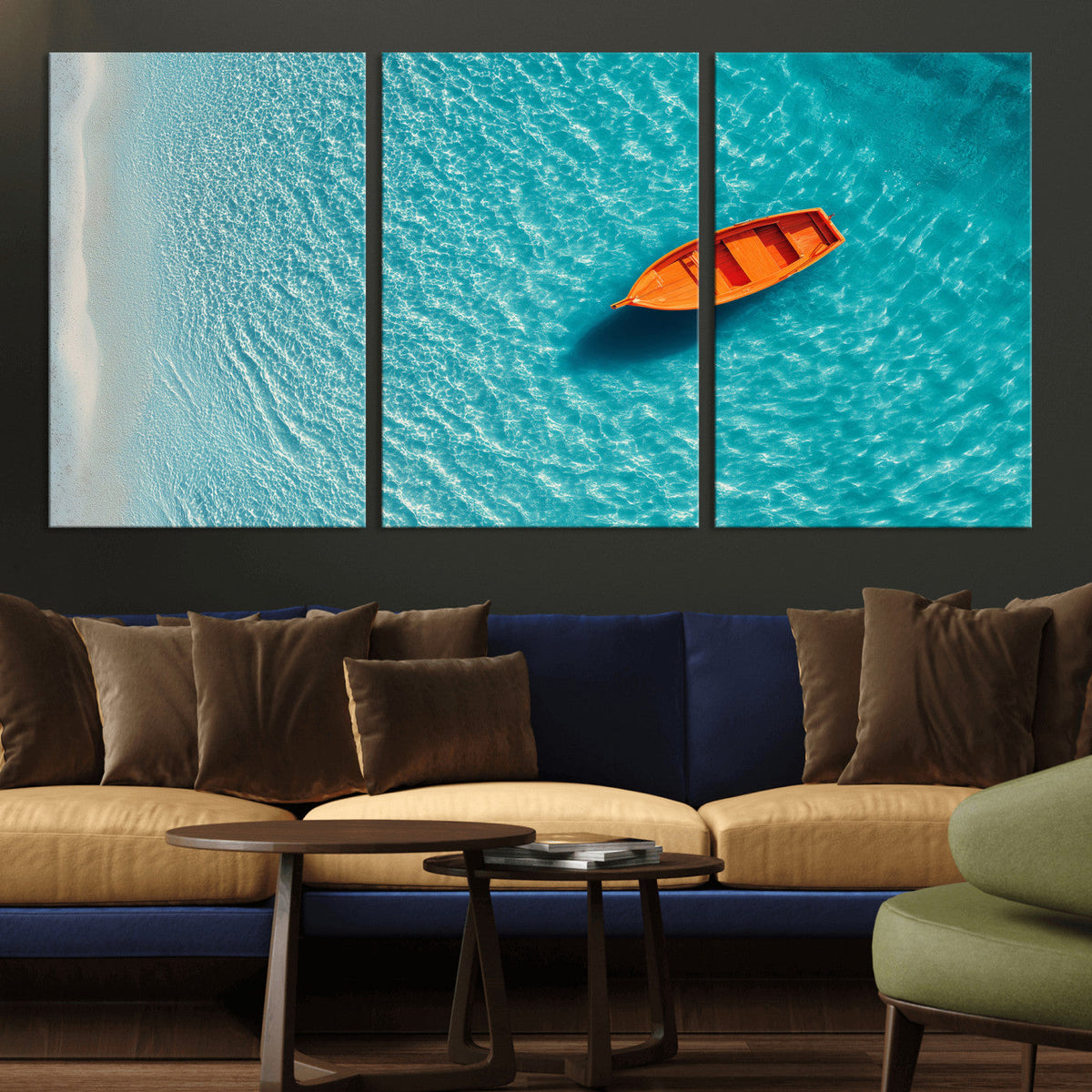Minimalist Boat Wall Art Canvas Print, Aerial Sea Landscape