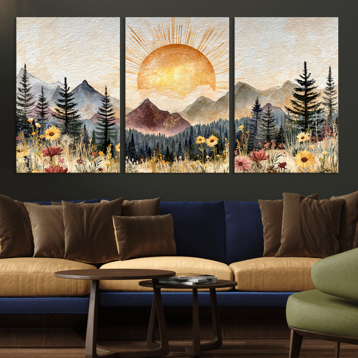 Boho Mountain Landscape Large Wall Art, Horizontal Gold