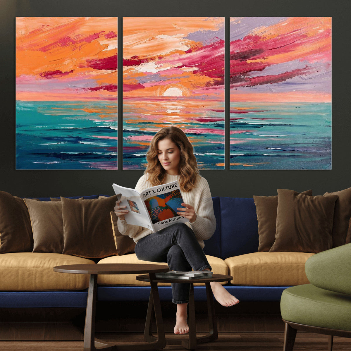 Bold Palette Knife Ocean Sunset Canvas — Orange Pink Teal