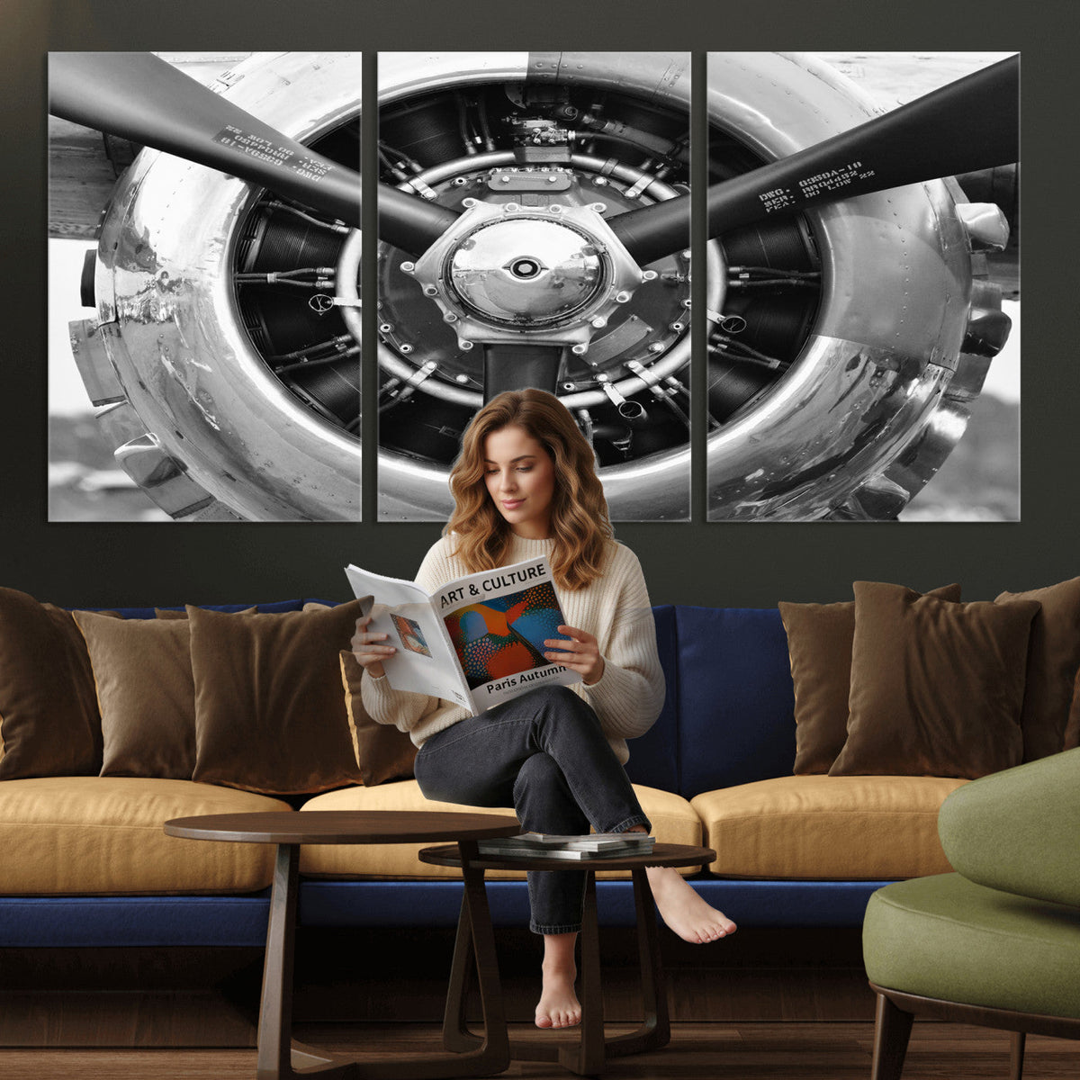 Vintage Propeller Plane Wall Art Canvas Print, Black and