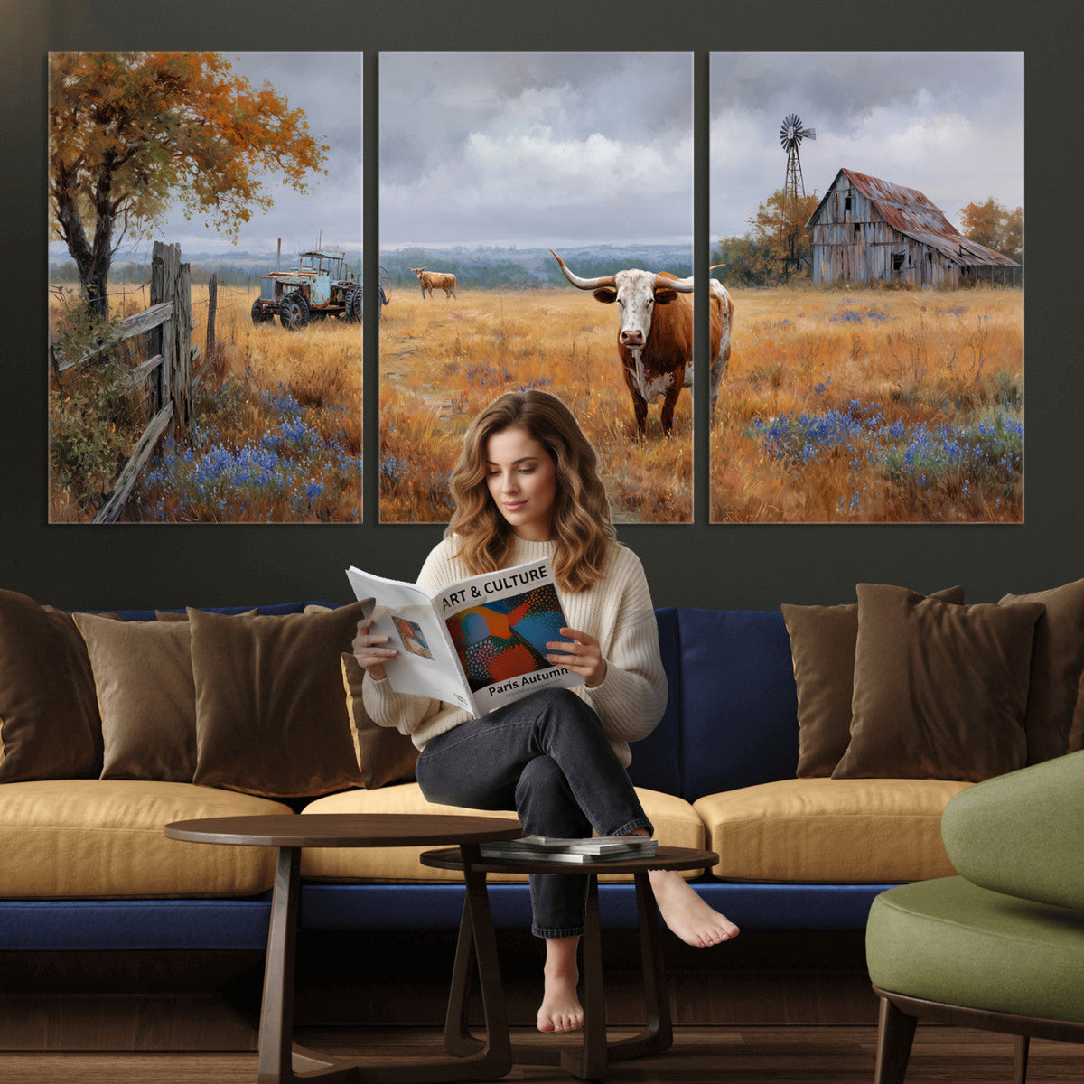 Texas Longhorn Canvas Wall Art, Rustic Farm Barn Bluebonnet