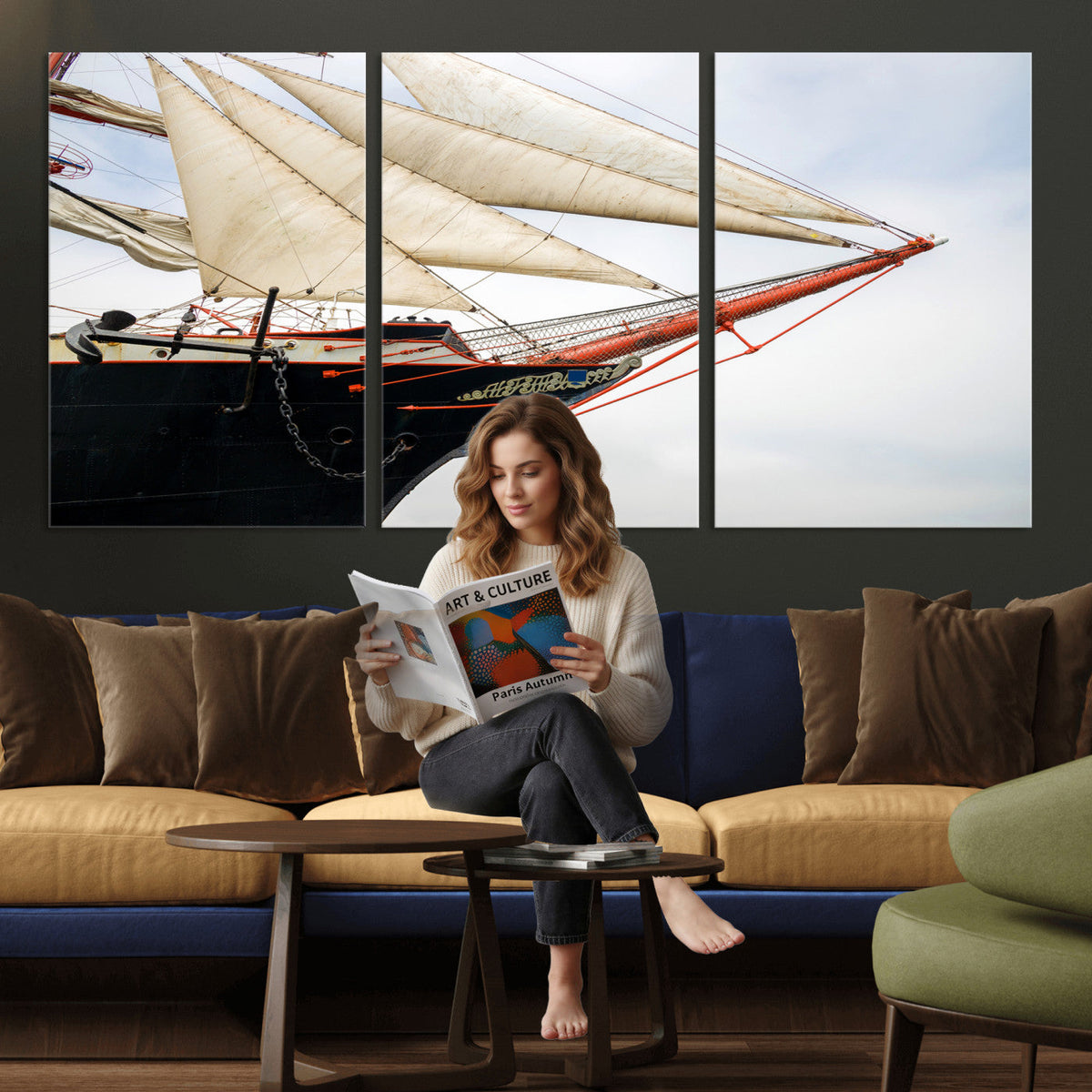 Sailboat Wall Art Canvas Print, Vintage Ship Bow Framed