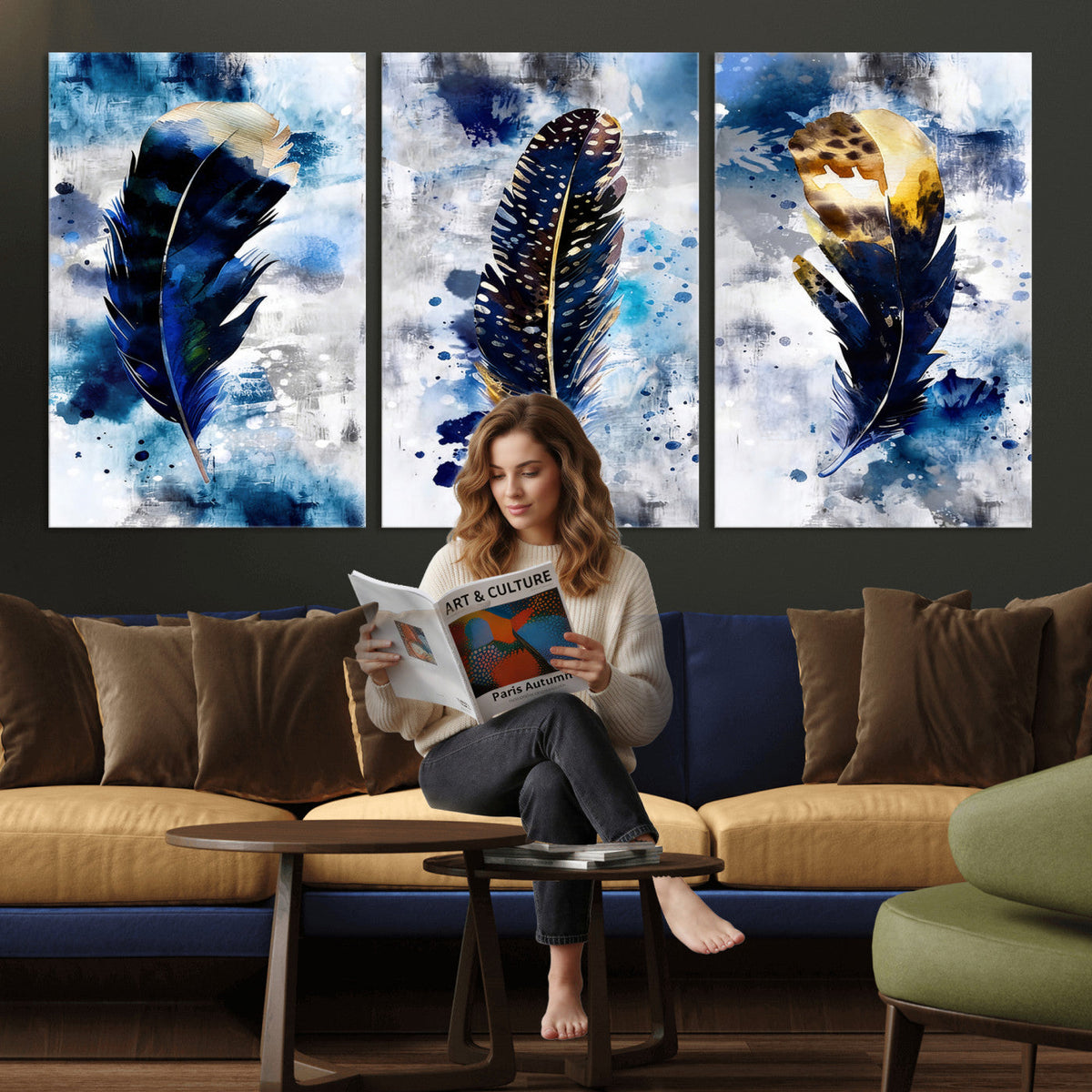 Feather Canvas Wall Art Navy Blue Gold Watercolor Abstract