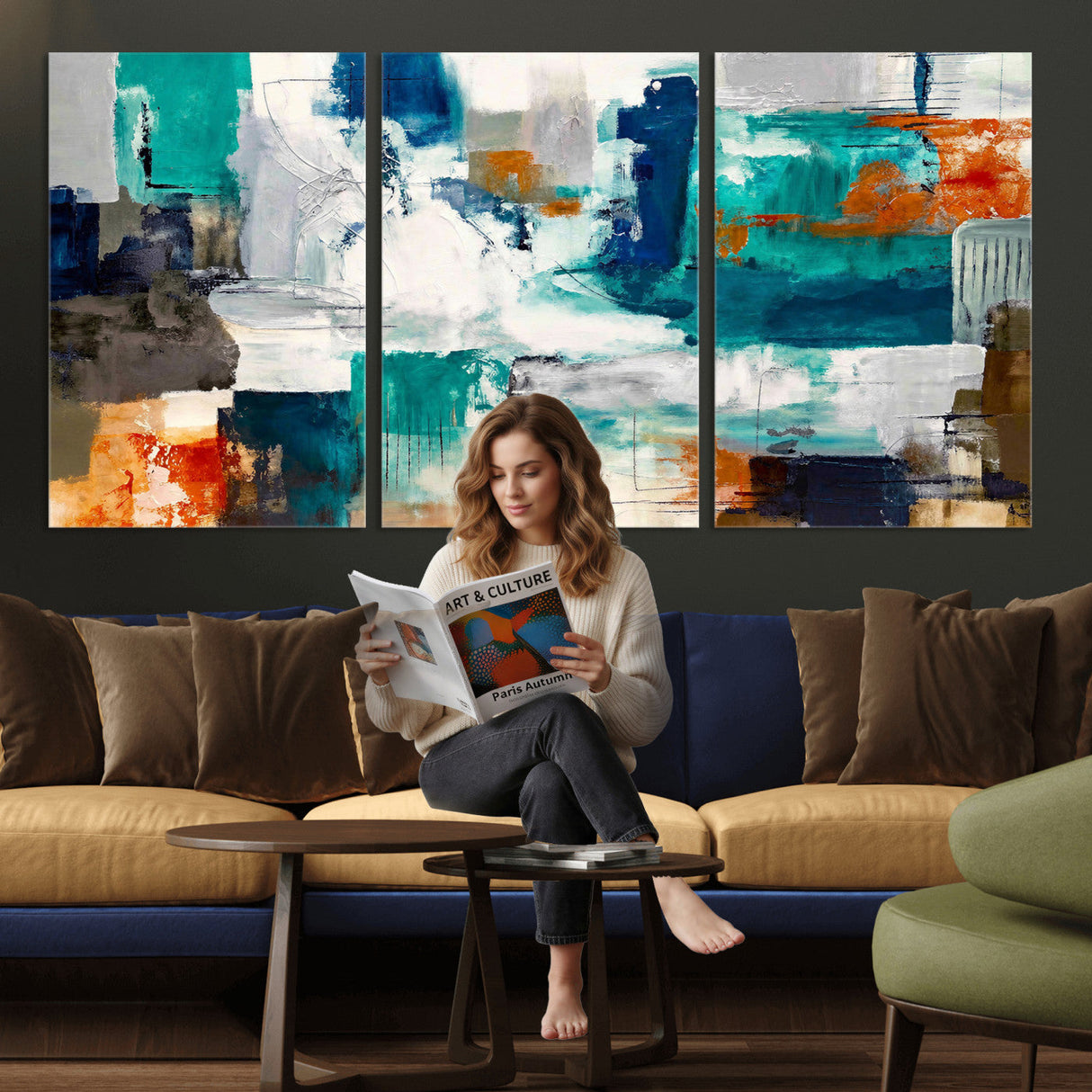 Blue Teal Abstract Canvas Wall Art, Modern Textured Painting Print, Navy Orange White Contemporary Art, Neutral Living Room Decor, Office Art