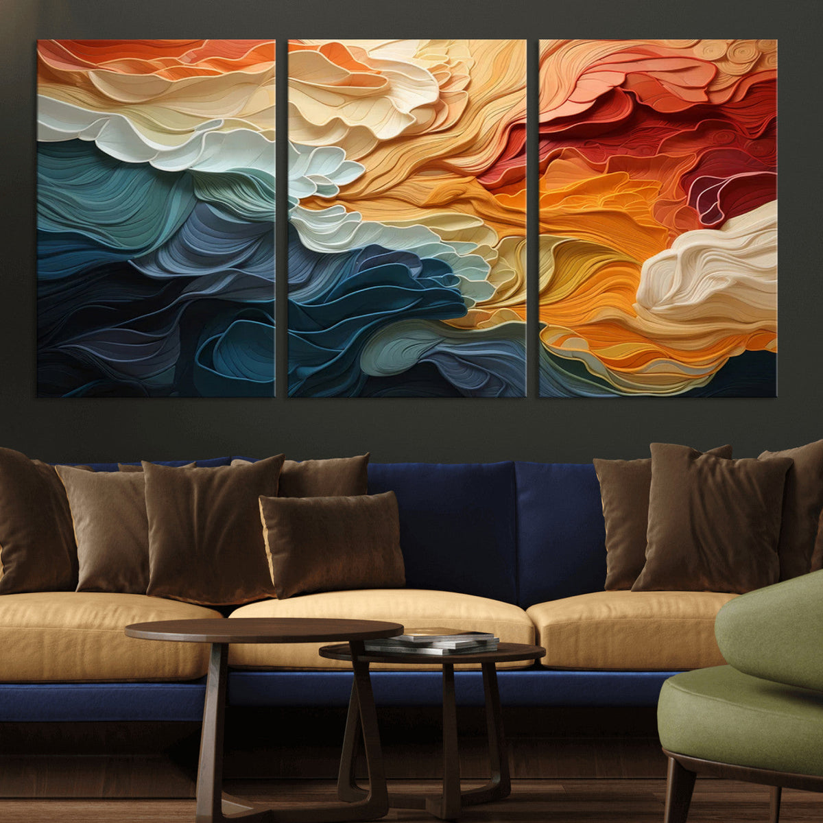 Blue Orange Abstract Wave Wall Art Canvas Print, Framed Blue