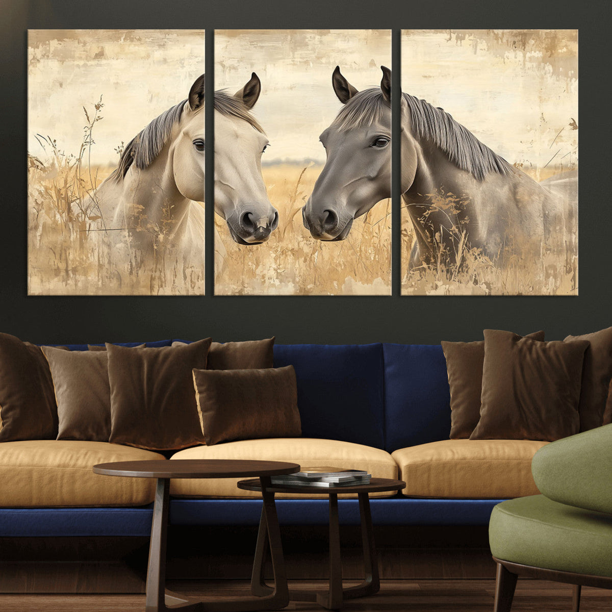 Chines Ink Style Grunge Horses Wall Art Canvas Print
