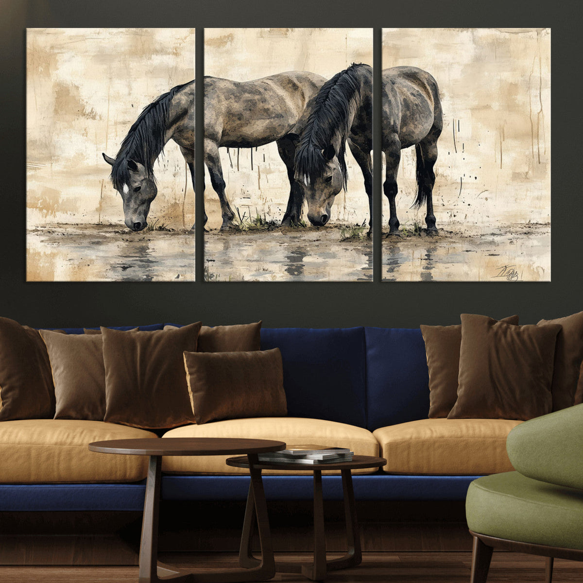 Chinese Style Abstract Black Horses Wall Art Canvas Print -