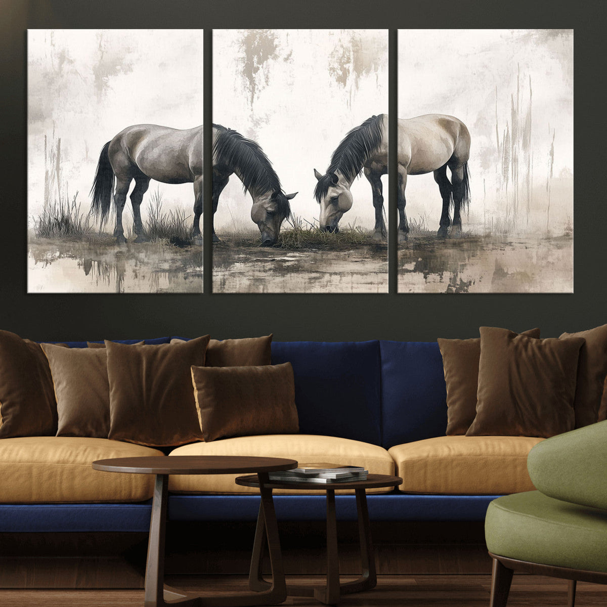Chines Ink Style Vintage Horses Wall Art Canvas Print for