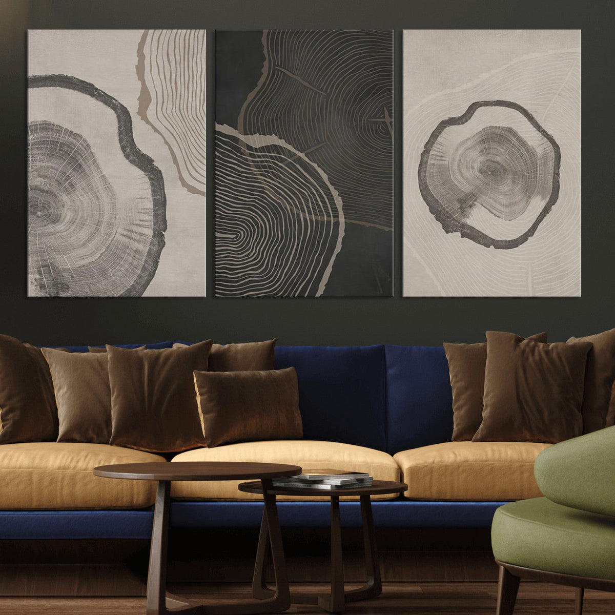 Modern Abstract Tree Ring Canvas Art Set | 3 Panel Large