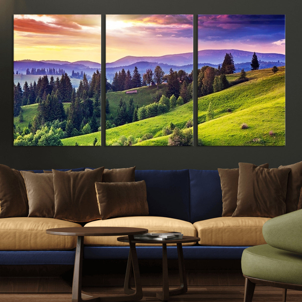 Green Hills and Sunset Wall Art Print - Scenic Landscape