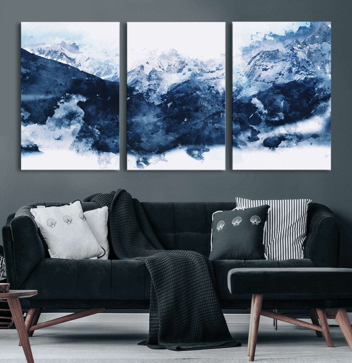 Abstract Blue Mountain Canvas Wall Art – Modern Triptych