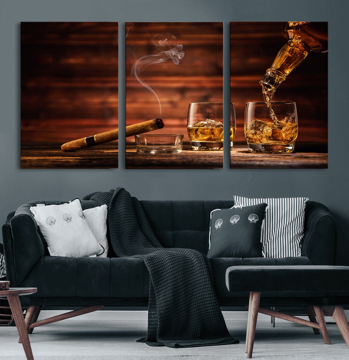Whiskey and Cigar Wall Art Canvas | 3 Panel Bar Room Decor