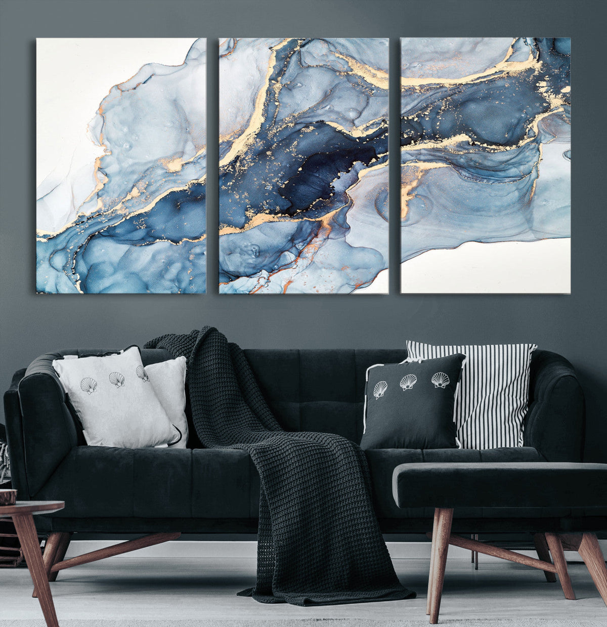 Blue Abstract Canvas Wall Art Print | Fluid Marble Effect Abstract Art